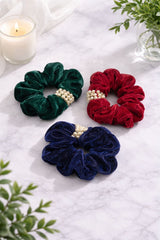 Pearl Embellished Velvet Scrunchies (Set of 3)