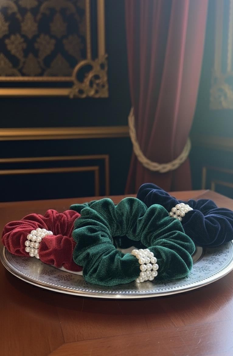 Pearl Embellished Velvet Scrunchies (Set of 3)
